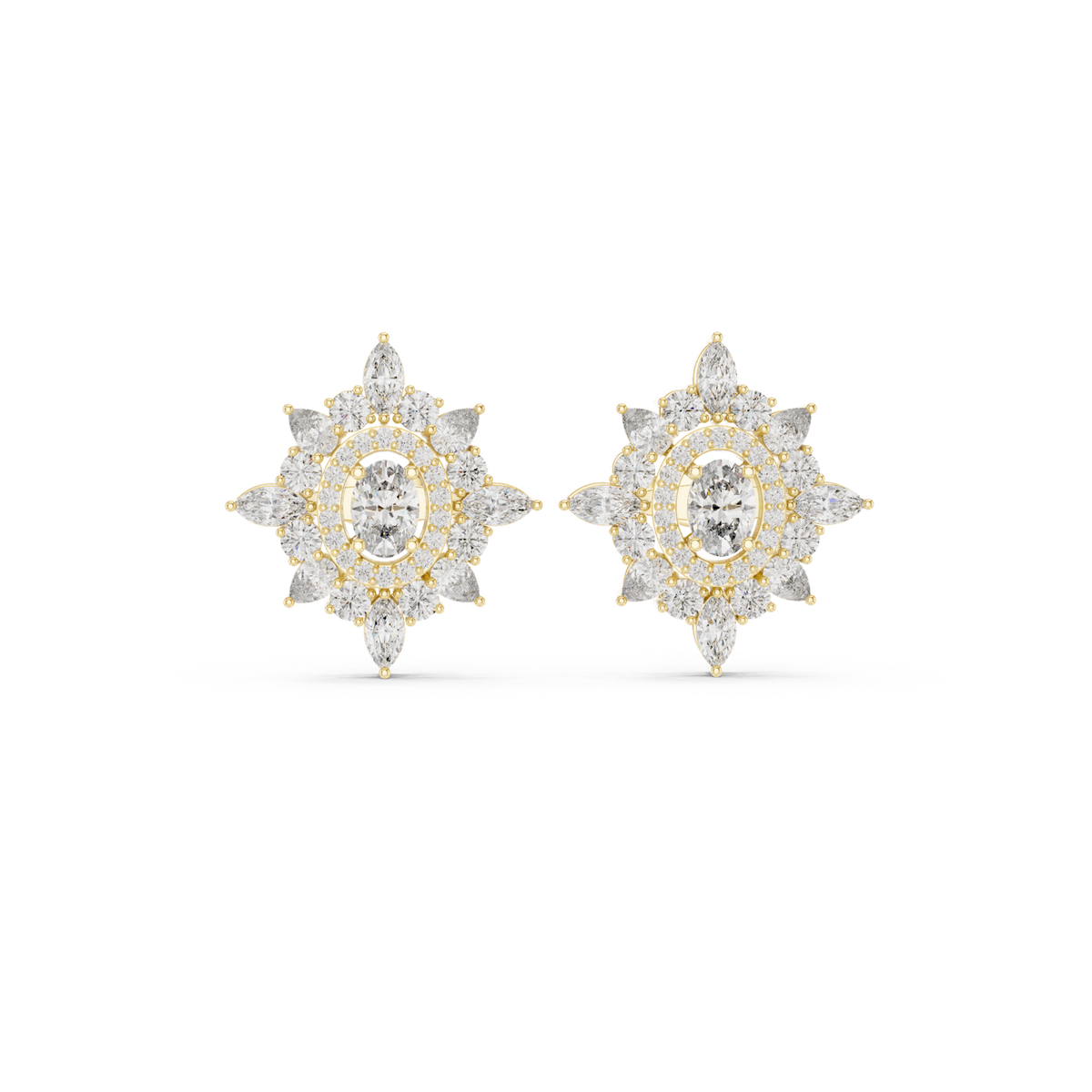 14K Solid Gold Lab Diamond Star Cluster Earrings, Yellow Gold