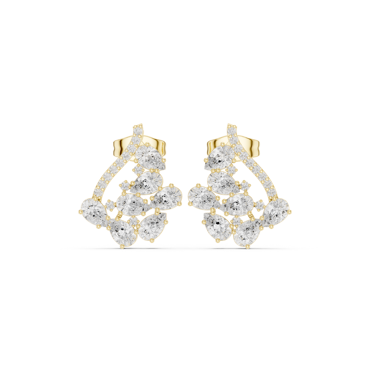 14K Solid Gold Lab Diamond Cluster Earrings, Yellow Gold