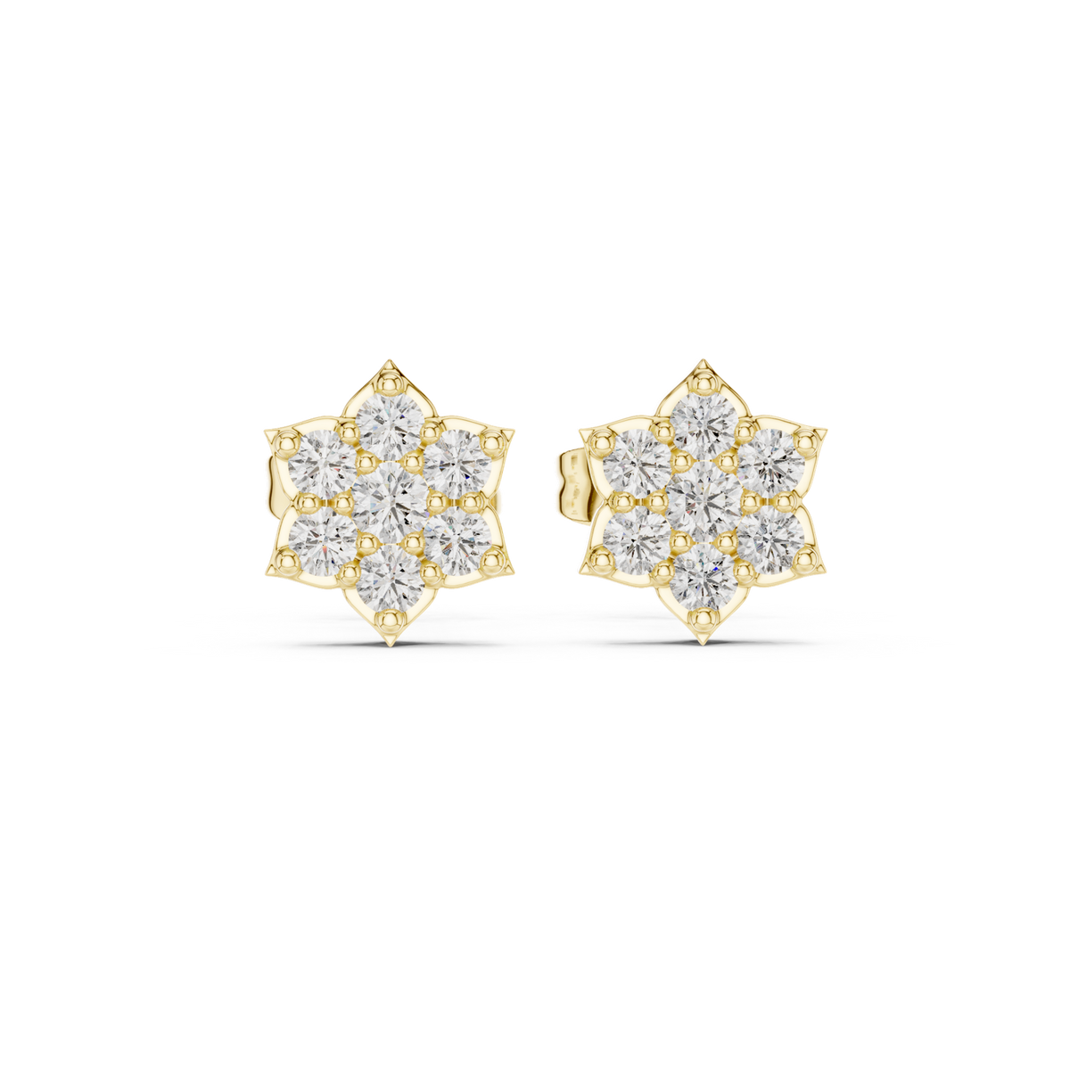 14K Solid Gold Lab Diamond Star Cluster Earrings, Yellow Gold