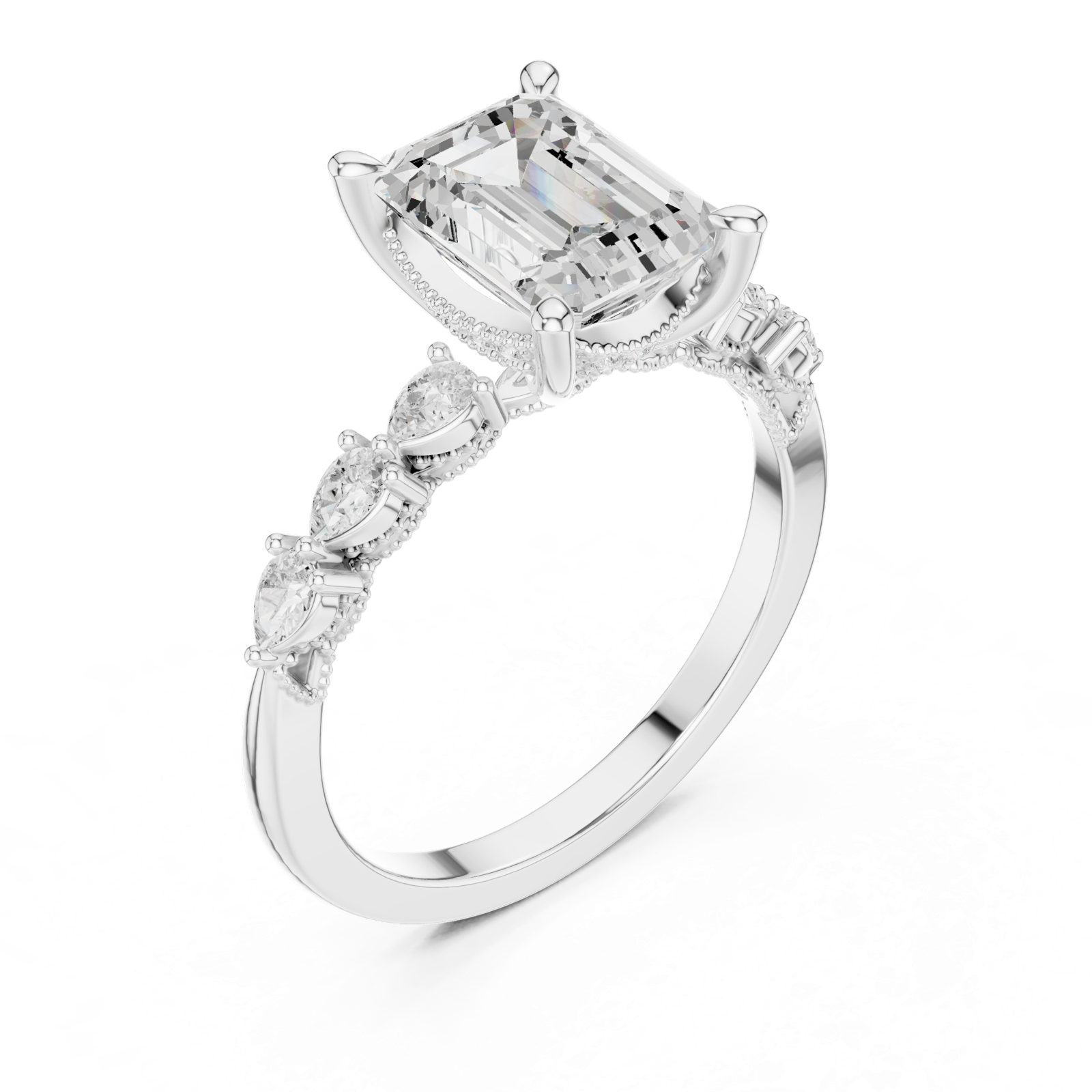 Gold Ring, Emerald center stone, White Gold, view 2