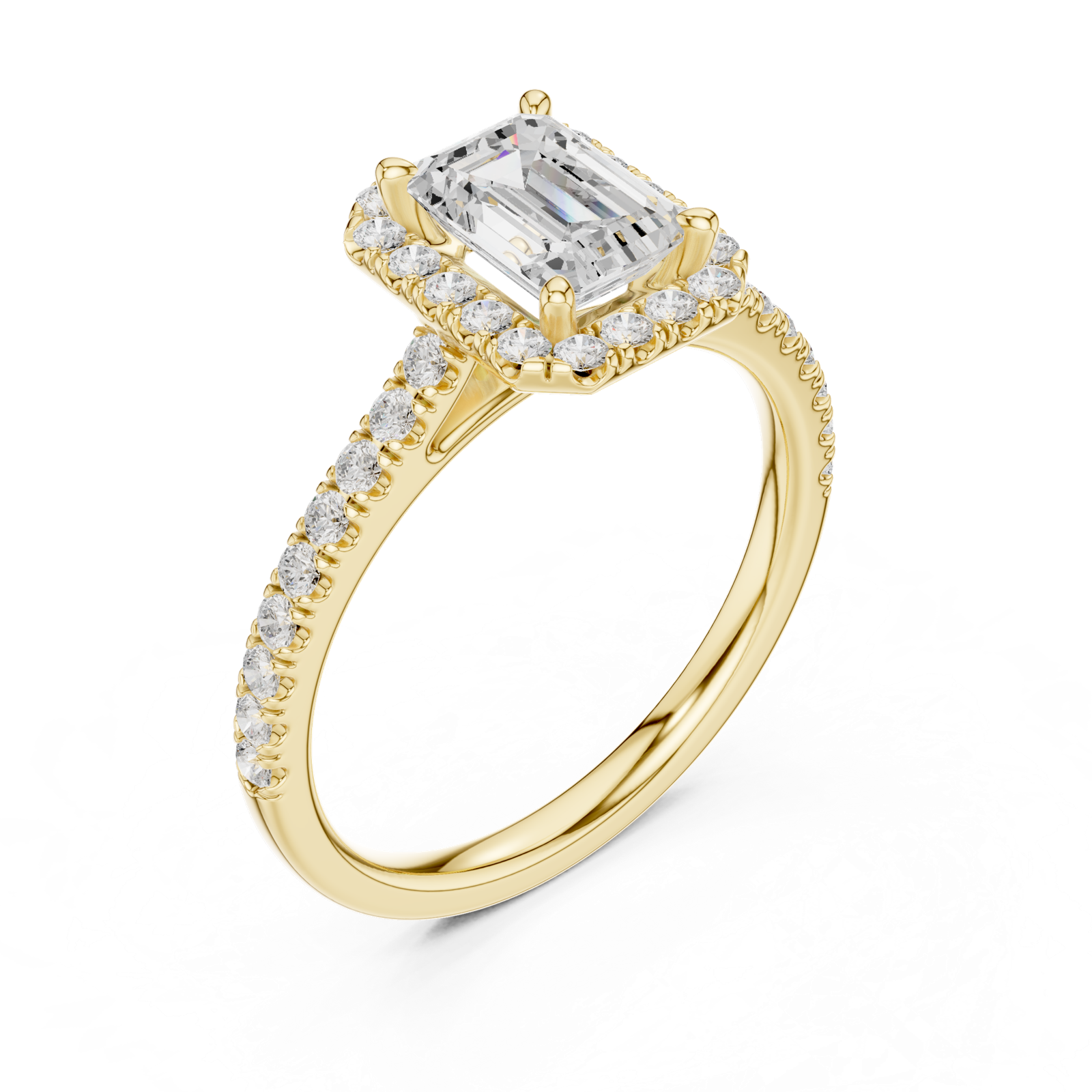 Gold Halo Pave Engagement Ring, Emerald center stone, Yellow Gold, view 2