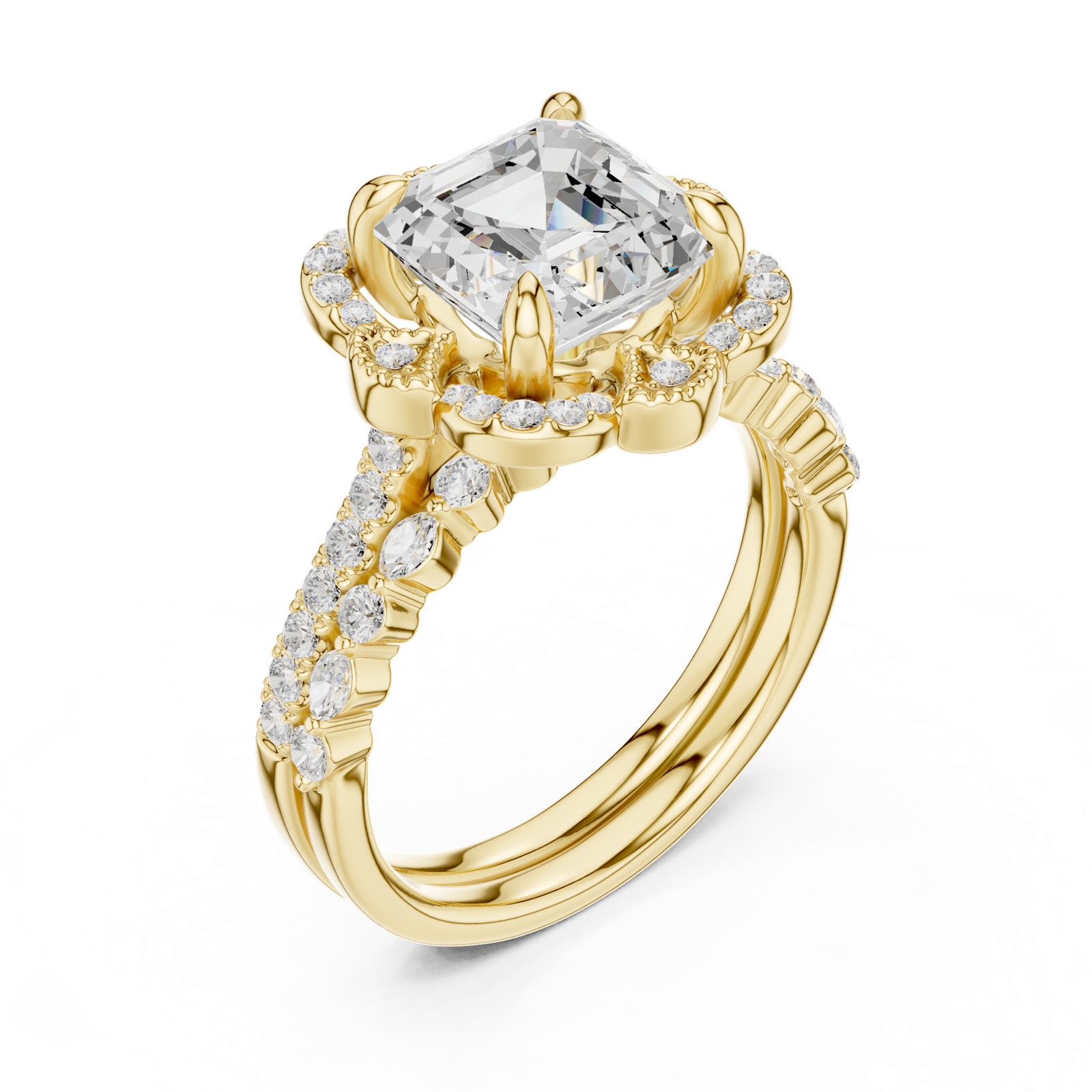 Gold Ring, Asscher center stone, Yellow Gold, view 2