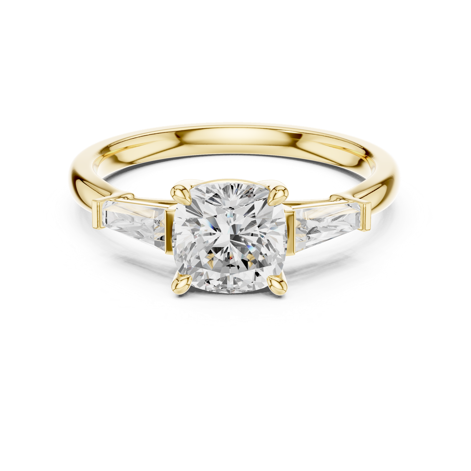 Gold Three-Stone Baguette Engagement Ring, Cushion center stone, Yellow Gold, view 4