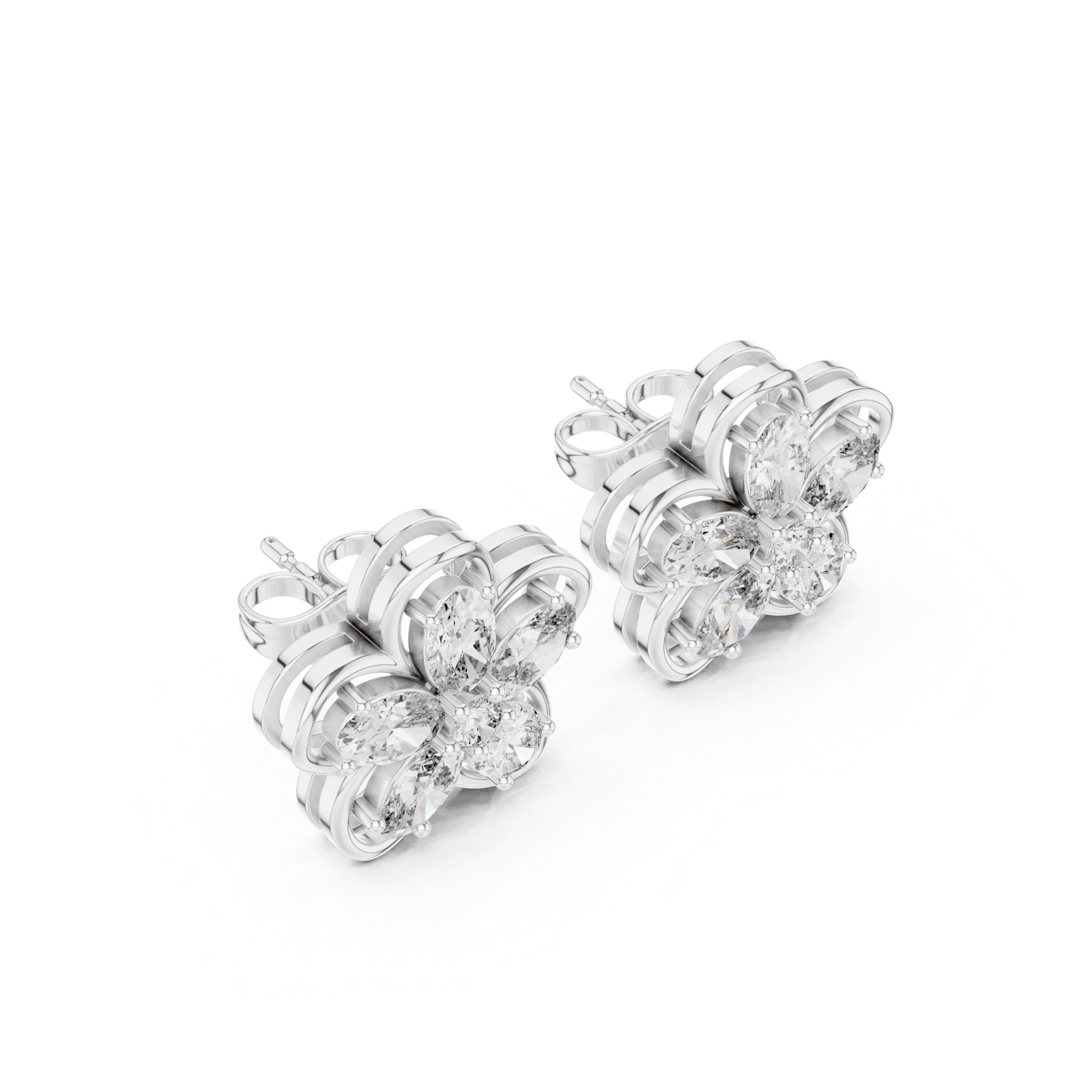 14K Solid Gold Lab Diamond Flower Cluster Earrings, White Gold, view 2