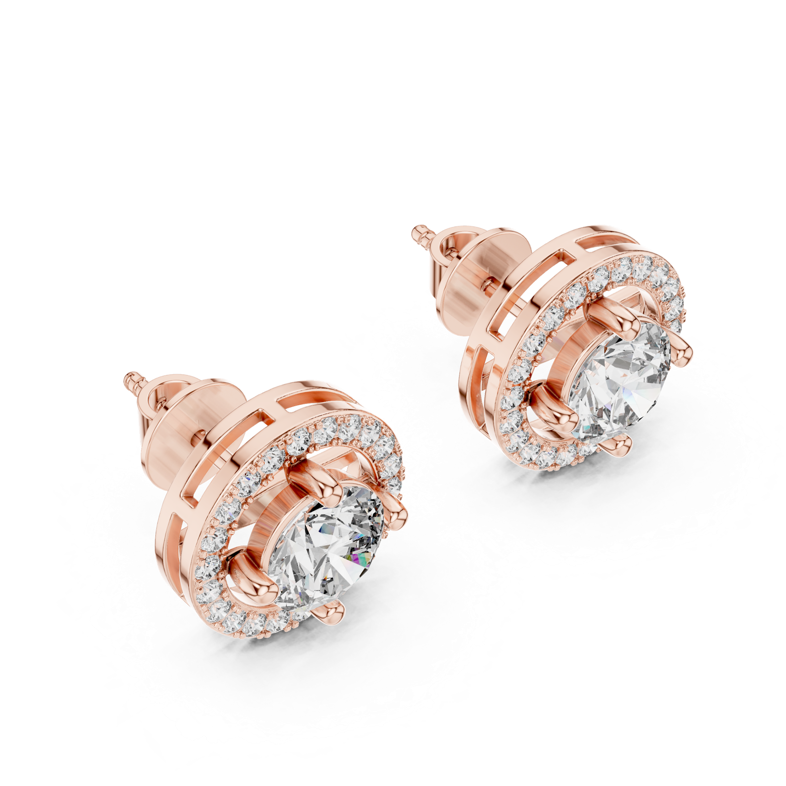 14K Solid Gold Lab Diamond Halo Earrings, Rose Gold, view 2