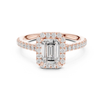 Gold Halo Pave Engagement Ring, Emerald center stone, Rose Gold, view 4