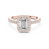 Gold Halo Pave Engagement Ring, Emerald center stone, Rose Gold, view 4