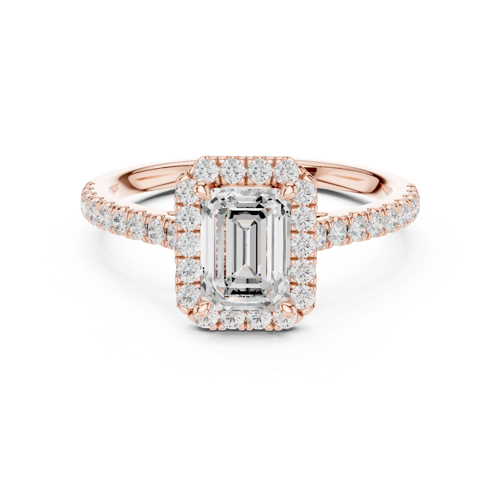 Gold Halo Pave Engagement Ring, Emerald center stone, Rose Gold, view 4