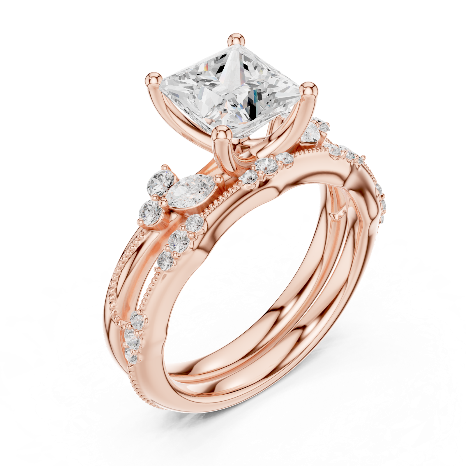 Gold Ring DDLR-299, Princess center stone, Rose Gold, view 2