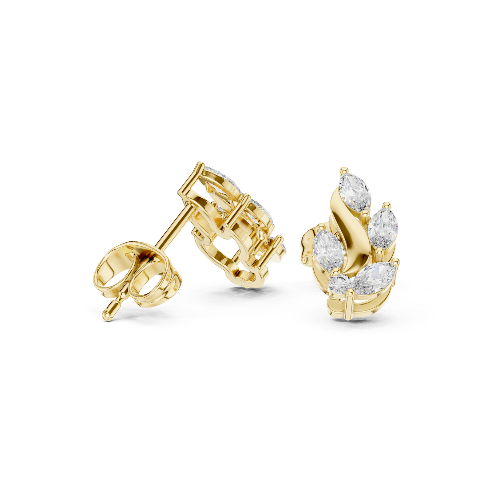 14K Solid Gold Lab Diamond Leaf Huggie Earrings, Yellow Gold, view 1