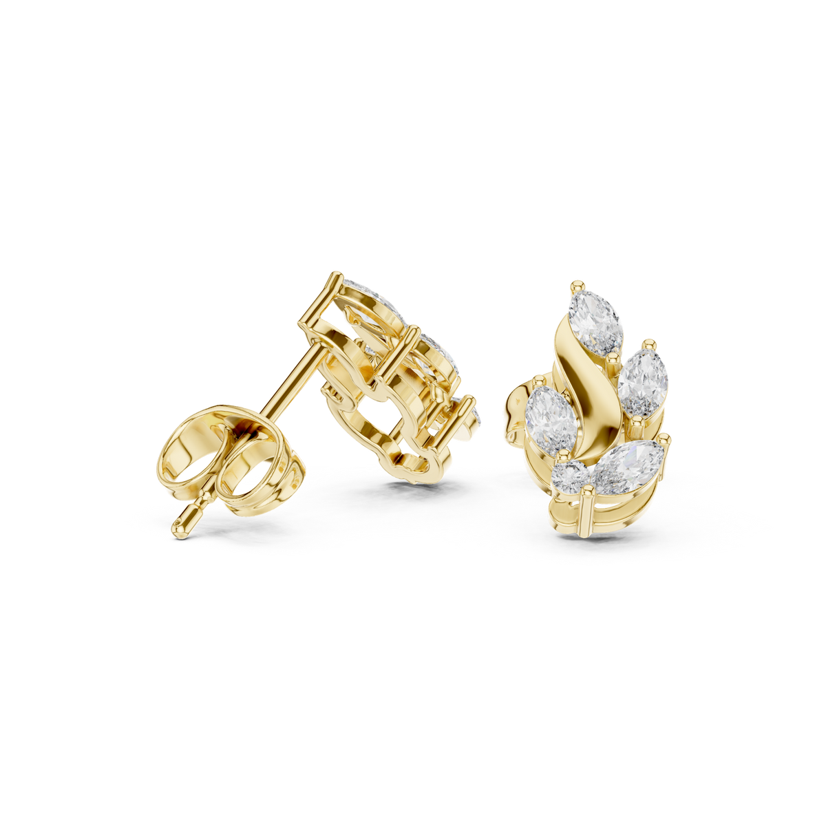 14K Solid Gold Lab Diamond Leaf Huggie Earrings, Yellow Gold, view 1