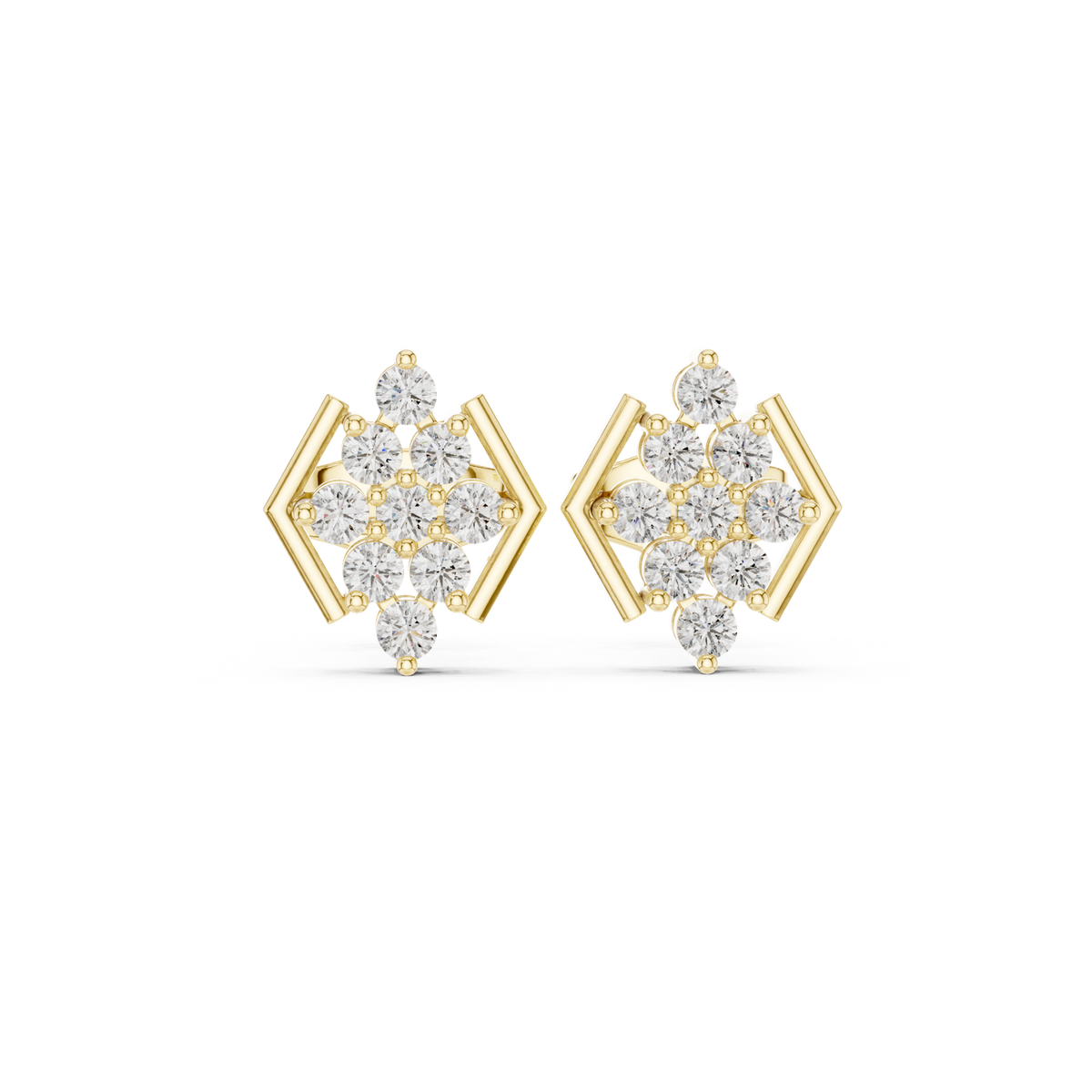 14K Solid Gold Lab Diamond Cluster Earrings, Yellow Gold