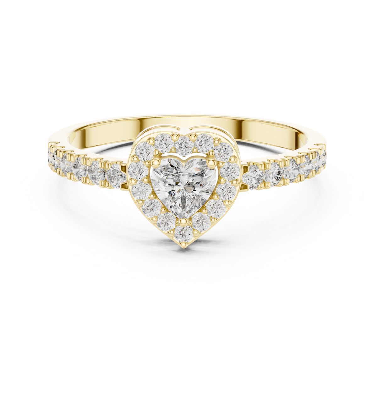 14K Solid Gold Lab Diamond Heart Halo Ring, Yellow Gold