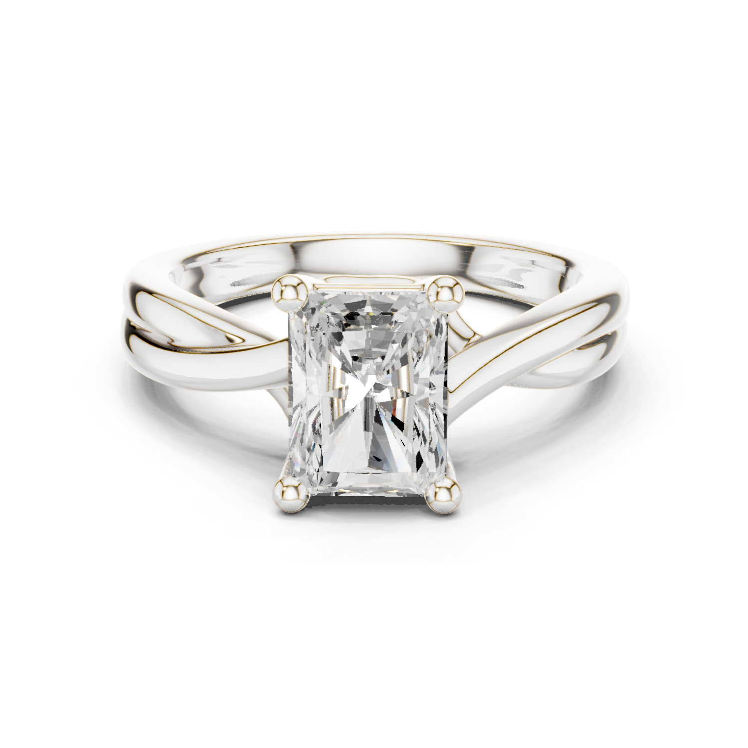 Gold Twisted Band Solitaire Engagement Ring, Radiant center stone, White Gold