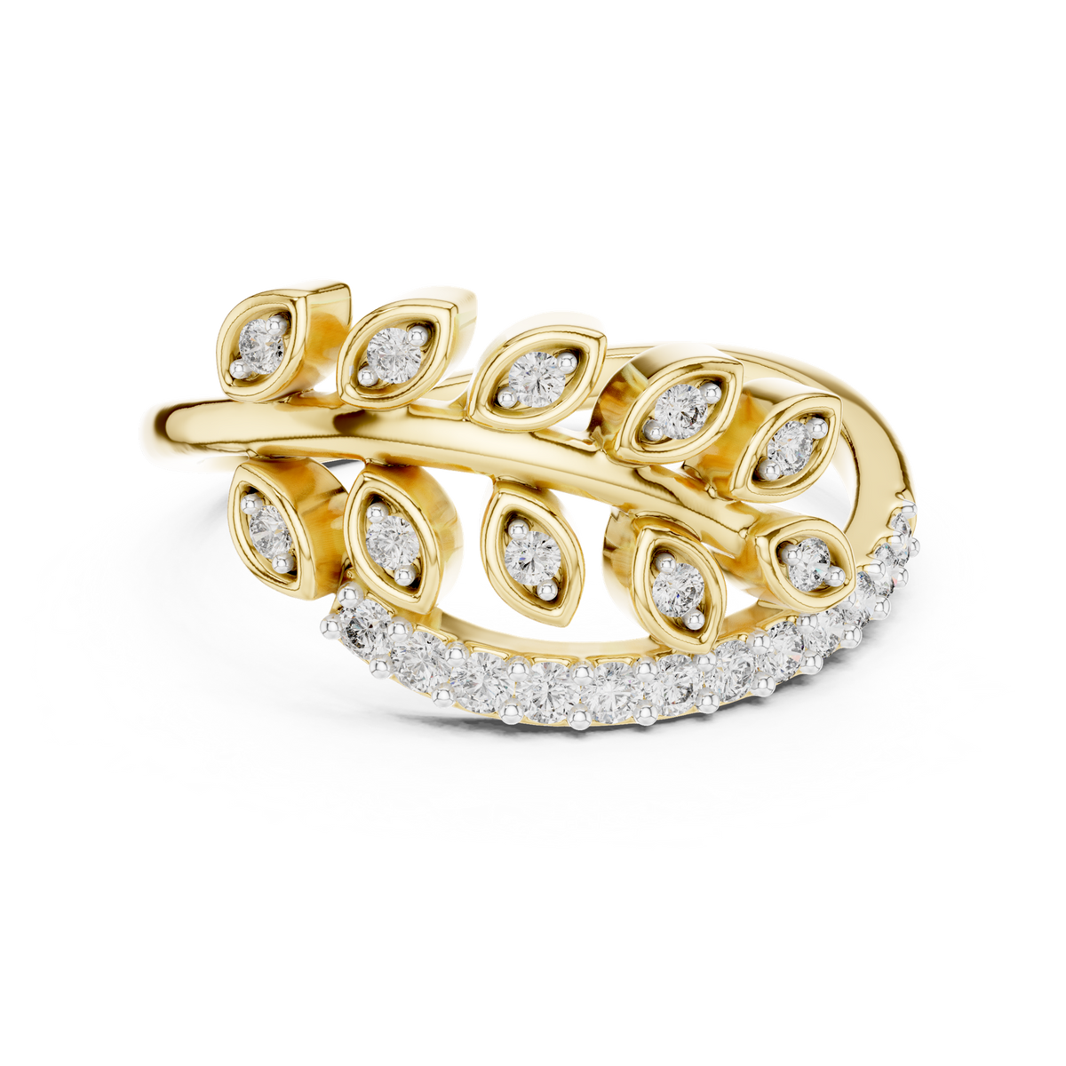 14K Solid Gold Lab Diamond Leaf Cluster Ring, Yellow Gold