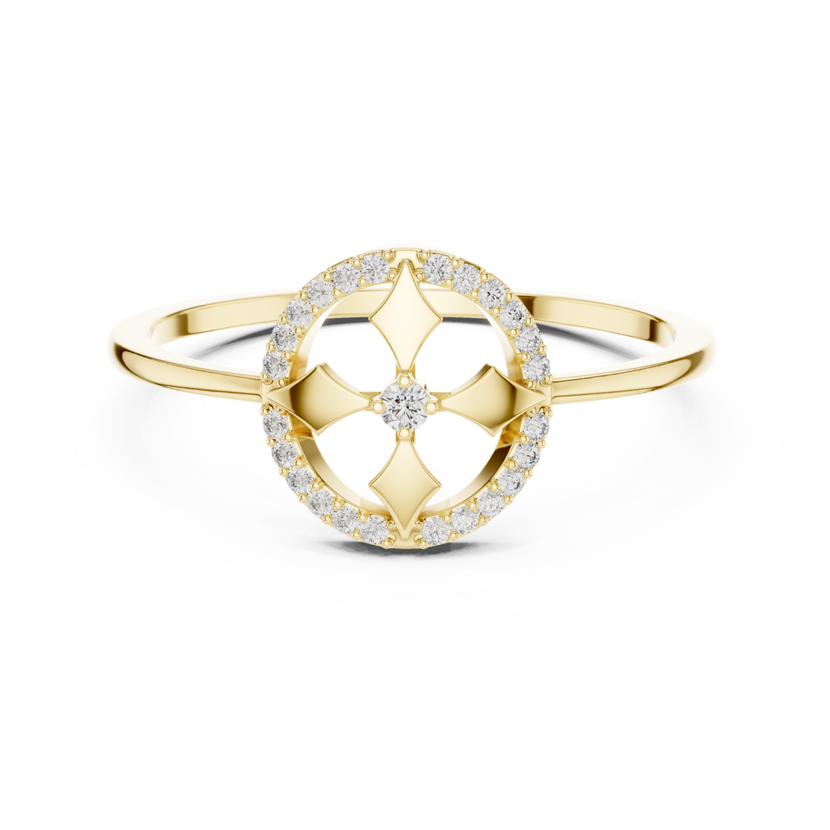 14K Solid Gold Lab Diamond Flower Halo Ring, Yellow Gold