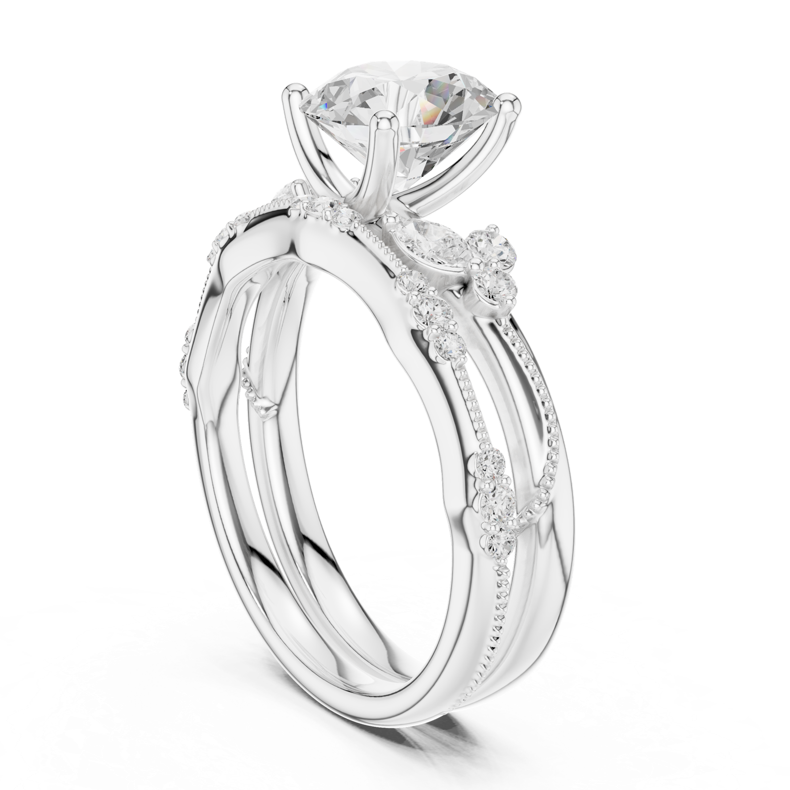 Gold Ring DDLR-299, Round center stone, White Gold, view 1