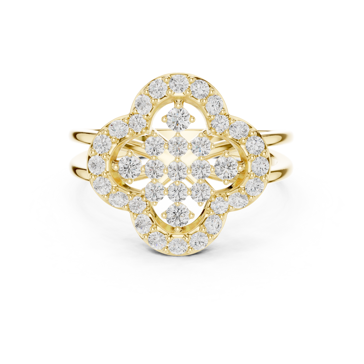 14K Solid Gold Lab Diamond Clover Cluster Ring, Yellow Gold