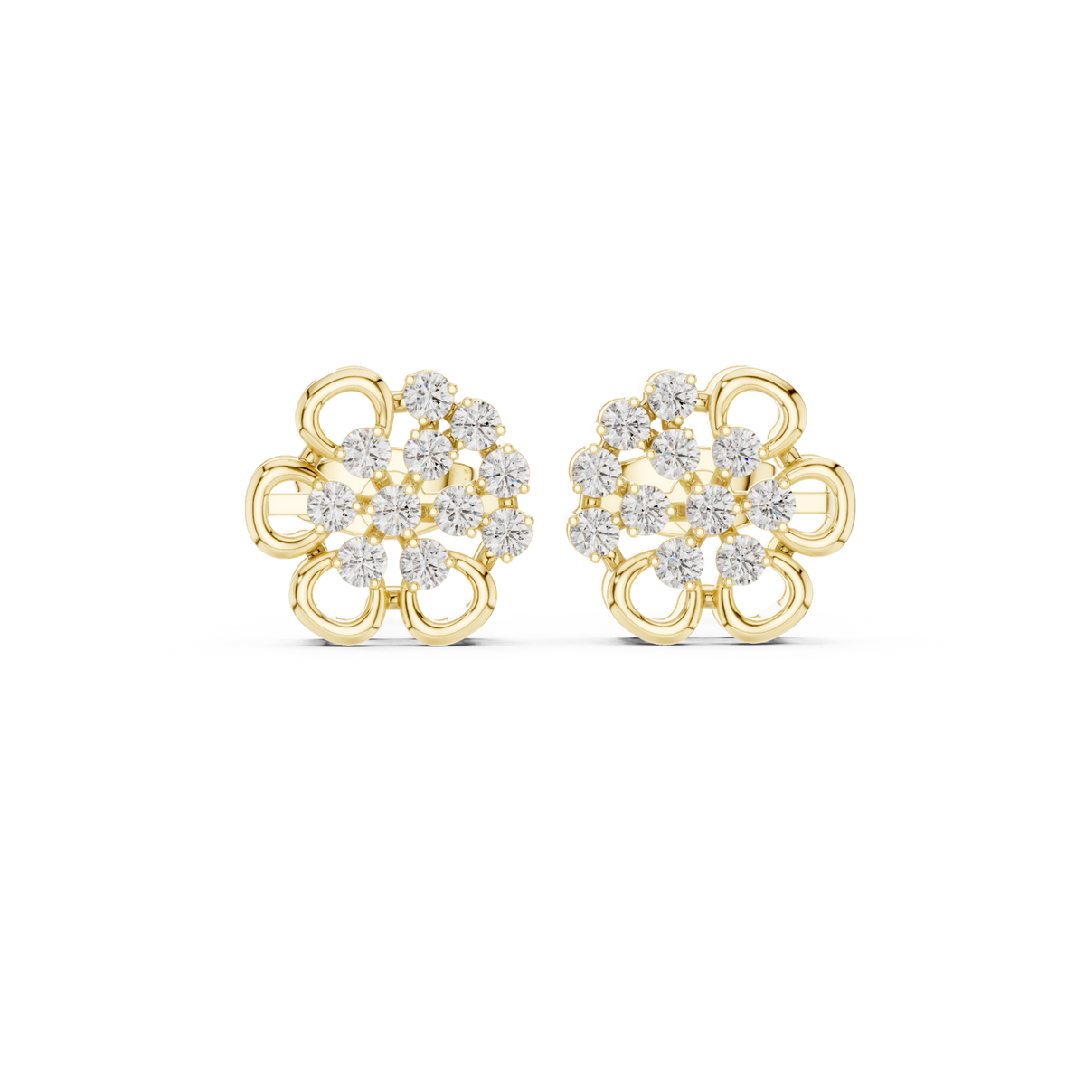 14K Solid Gold Lab Diamond Flower Cluster Earrings, Yellow Gold