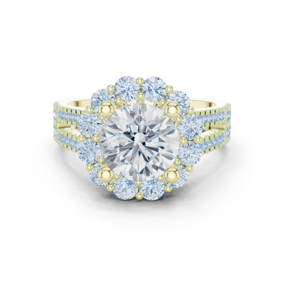 14K Solid Gold Lab Diamond Flower Halo Ring, Yellow Gold