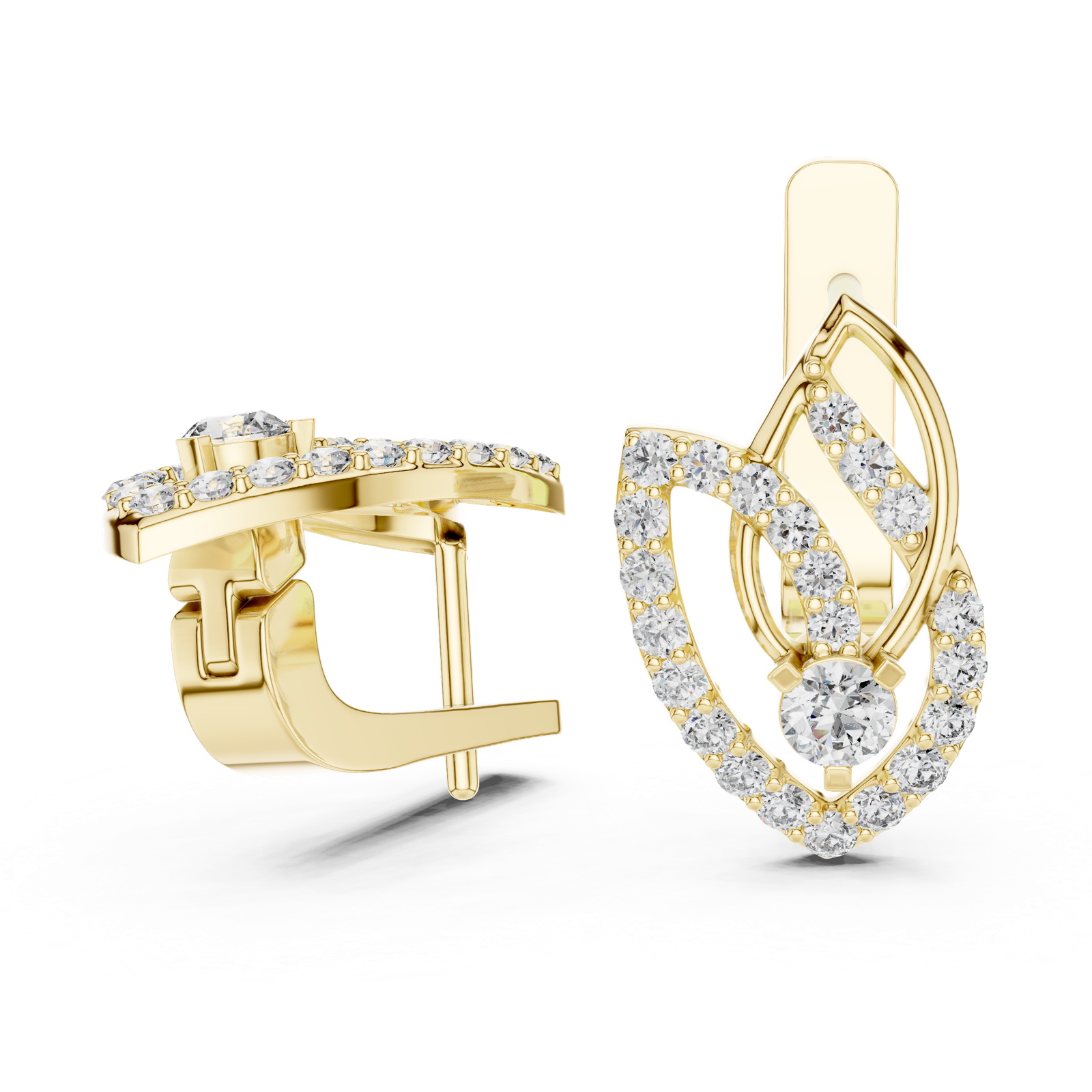 14K Solid Gold Lab Diamond Leaf Drop Earrings, Yellow Gold, view 1