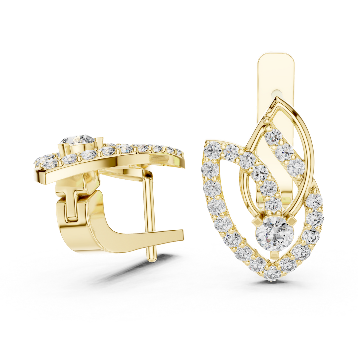 14K Solid Gold Lab Diamond Leaf Drop Earrings, Yellow Gold, view 1