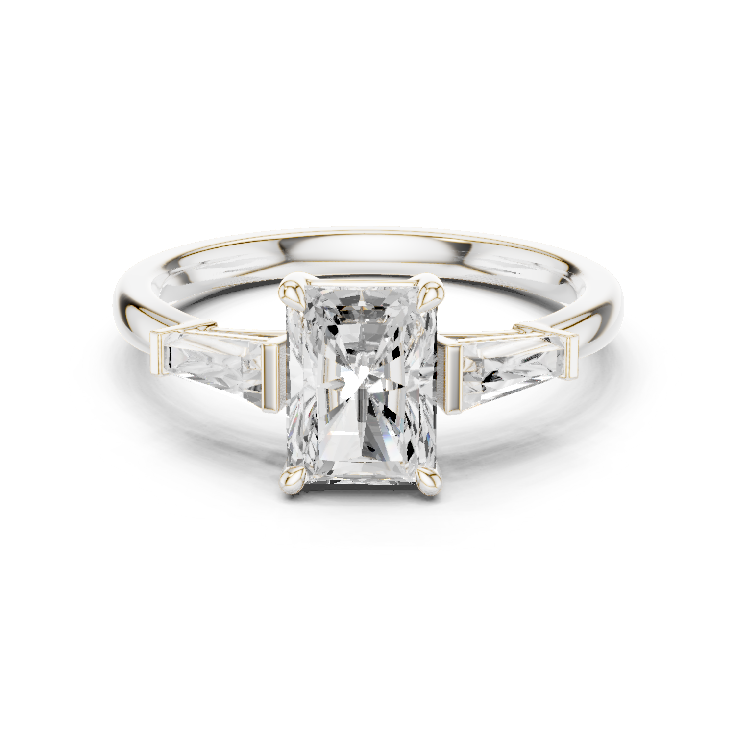Gold Three-Stone Baguette Engagement Ring, Radiant center stone, White Gold
