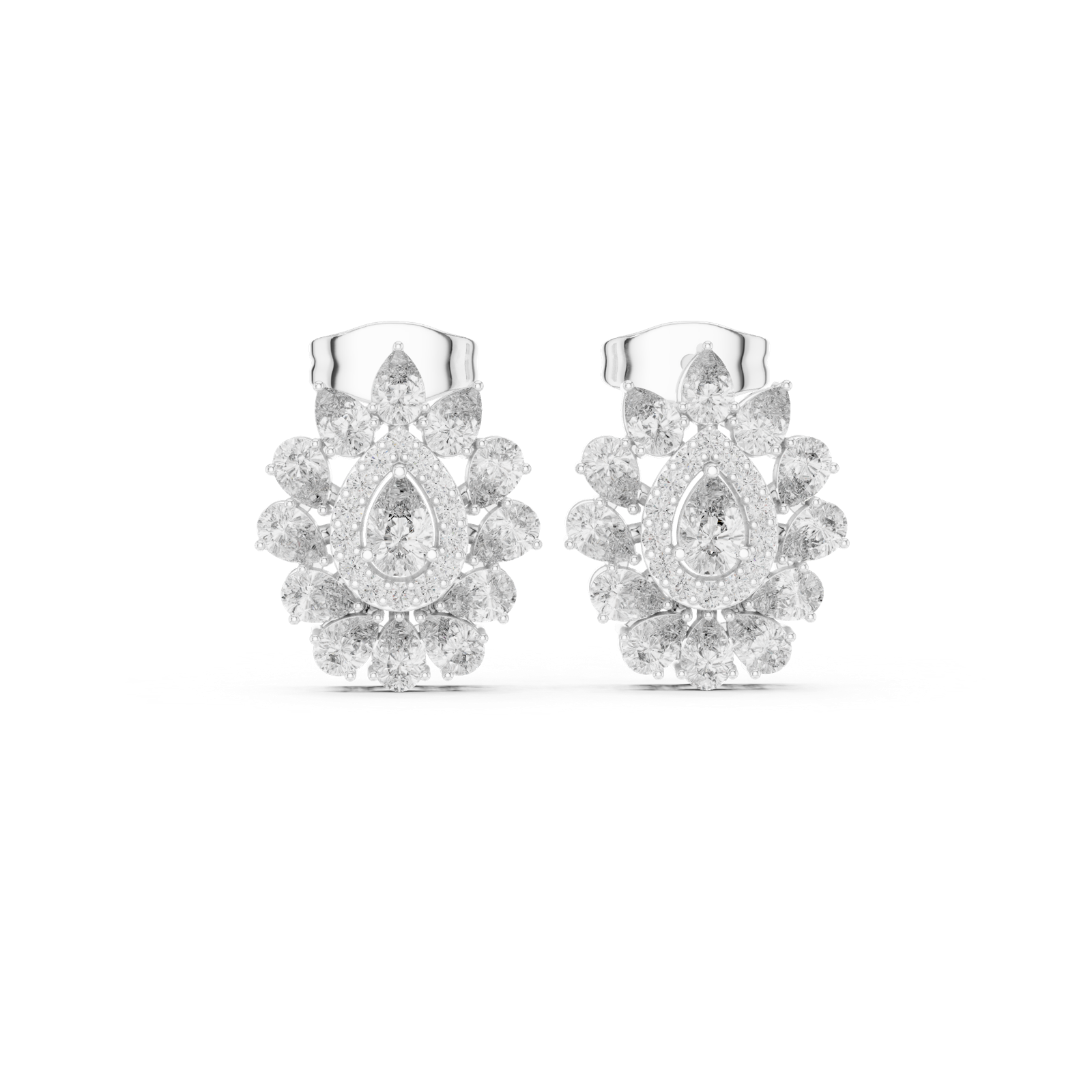 14K Solid Gold Lab Diamond Flower Cluster Earrings, White Gold