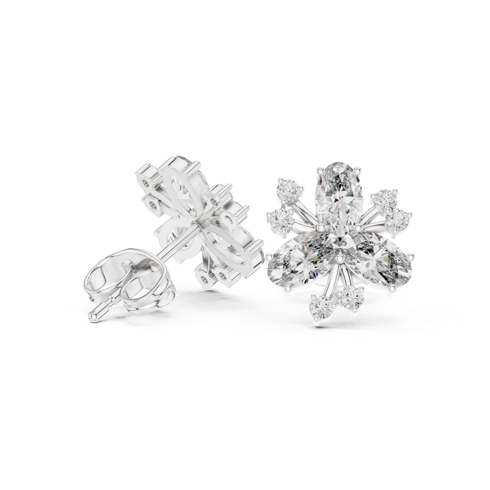 14K Solid Gold Lab Diamond Flower Cluster Earrings, White Gold, view 1