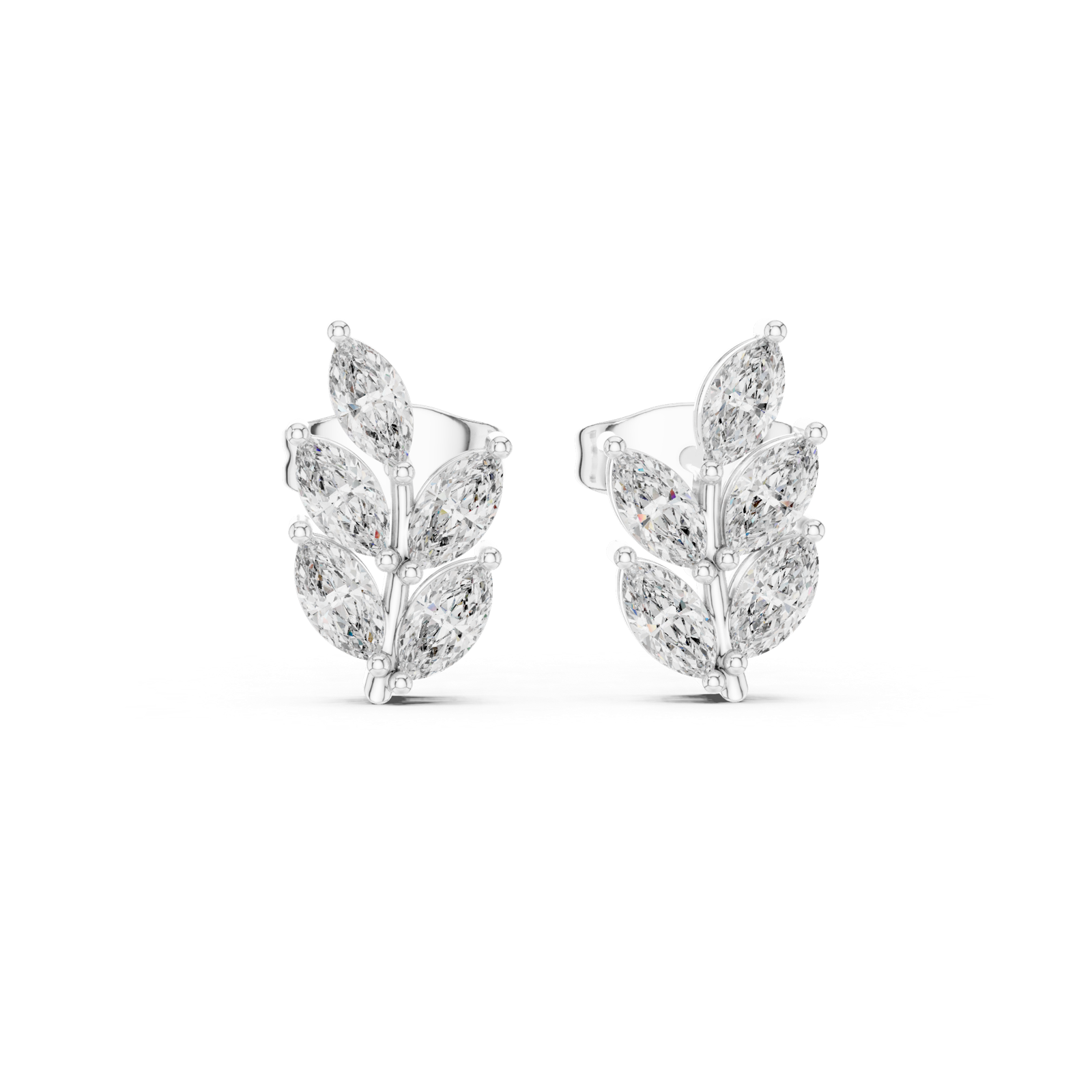 14K Solid Gold Lab Diamond Leaf Cluster Earrings, White Gold