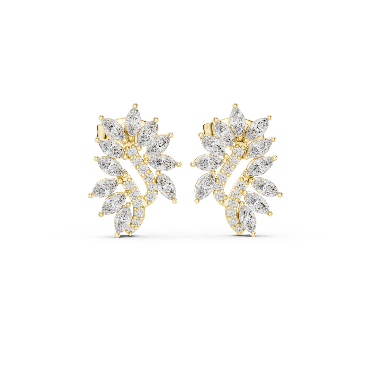 14K Solid Gold Lab Diamond Leaf Cluster Earrings, Yellow Gold