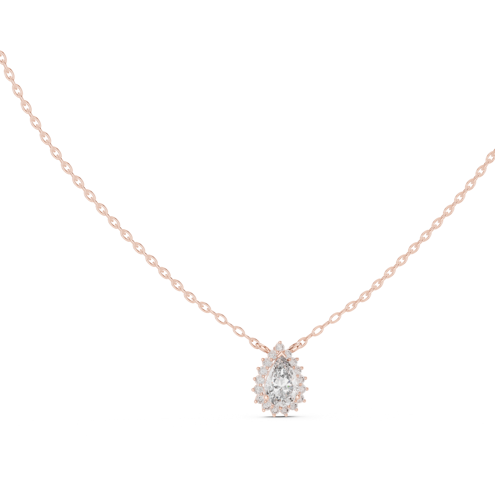 14K Solid Gold Lab Diamond Halo Pendant Necklace, Rose Gold, view 1