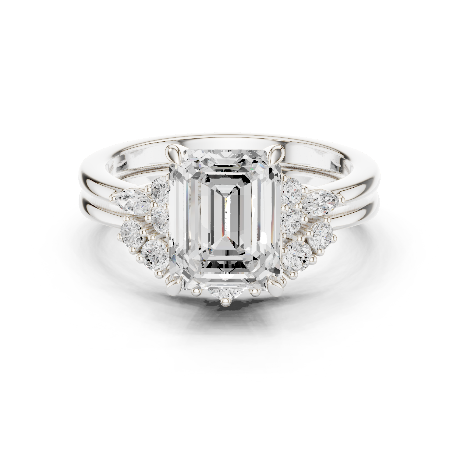 Gold Ring DDLR-440, Emerald center stone, White Gold