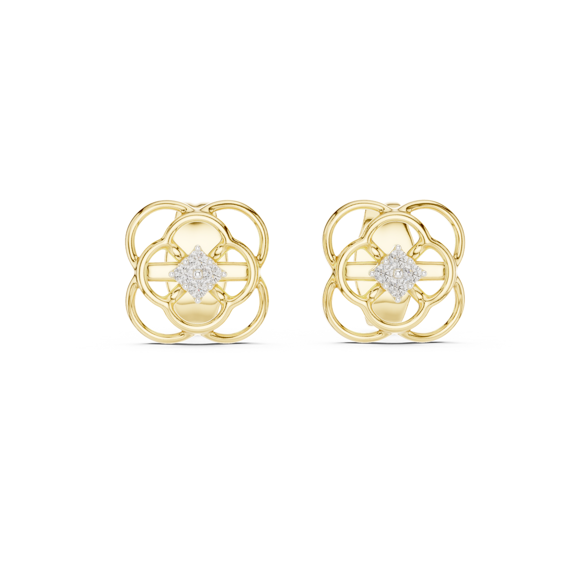 14K Solid Gold Lab Diamond Clover Cluster Earrings, Yellow Gold