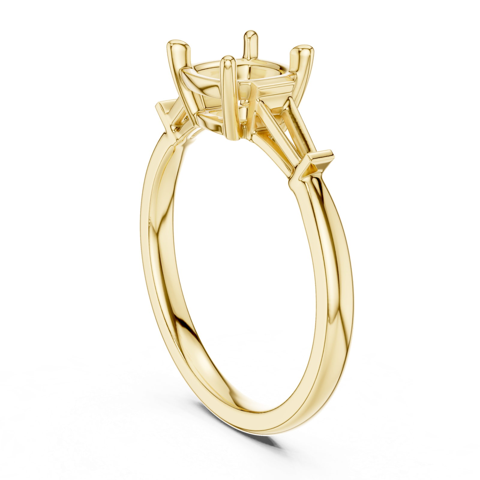 Gold Three-Stone Baguette Engagement Ring, Cushion center stone, Yellow Gold, view 1