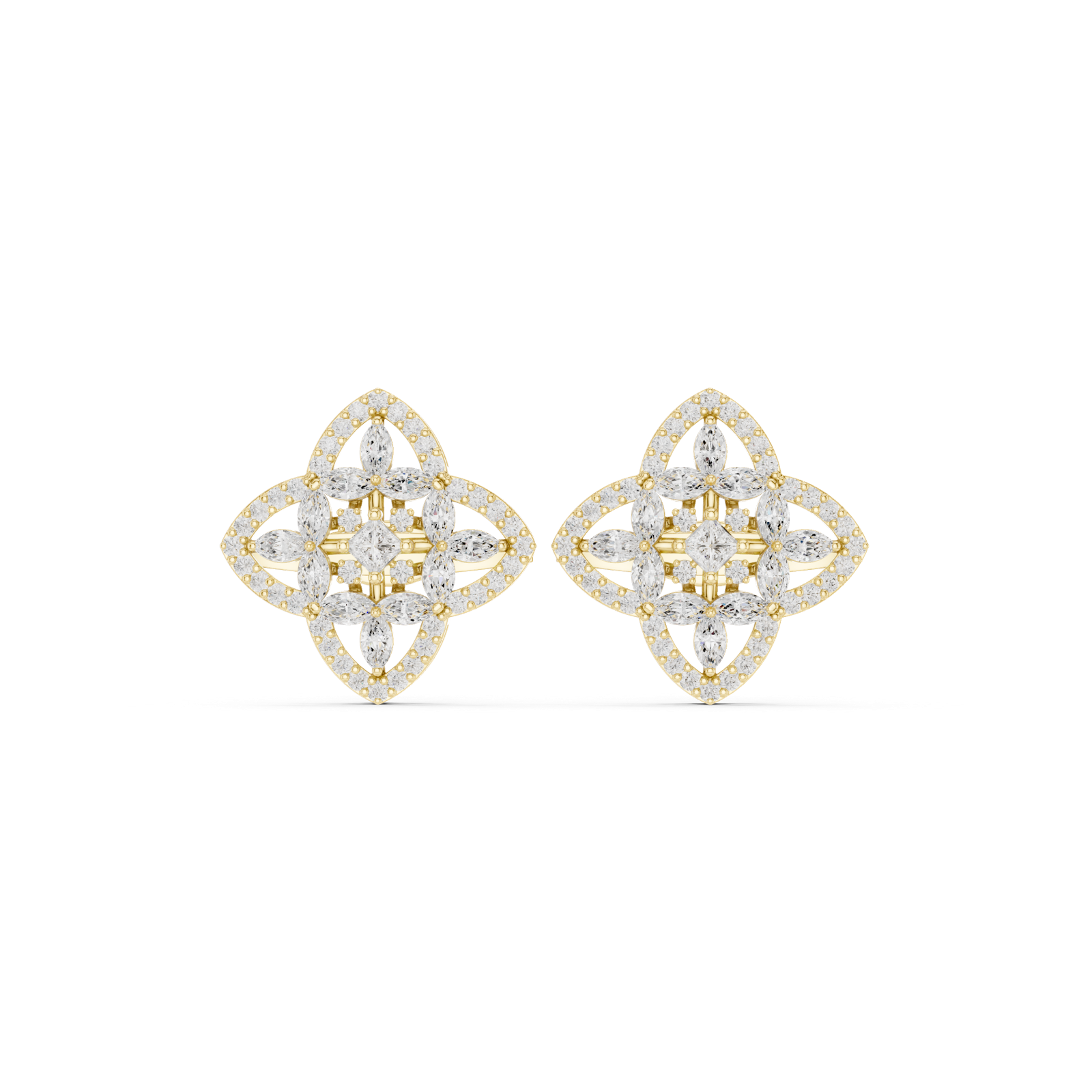 14K Solid Gold Lab Diamond Clover Cluster Earrings, Yellow Gold