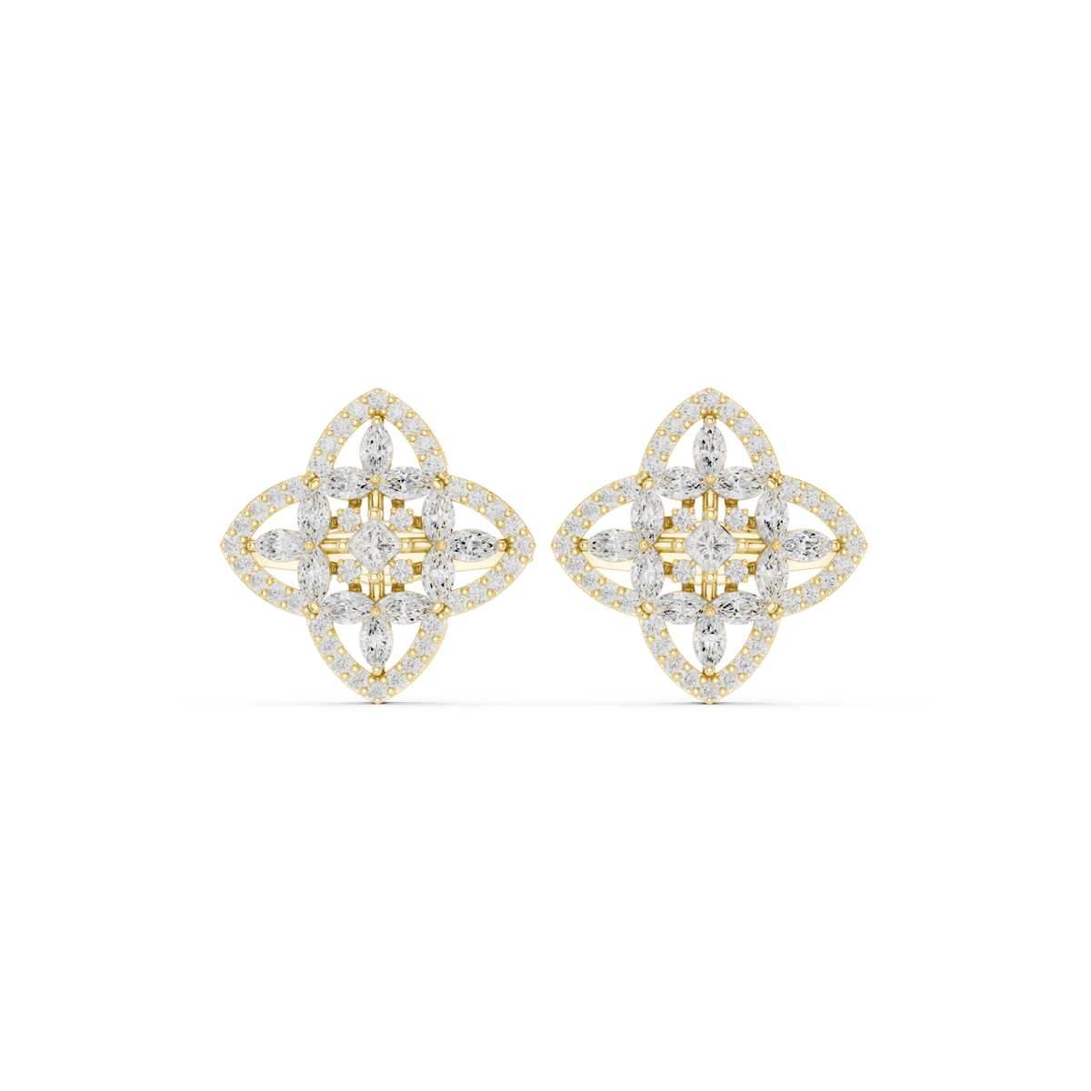 14K Solid Gold Lab Diamond Clover Cluster Earrings, Yellow Gold