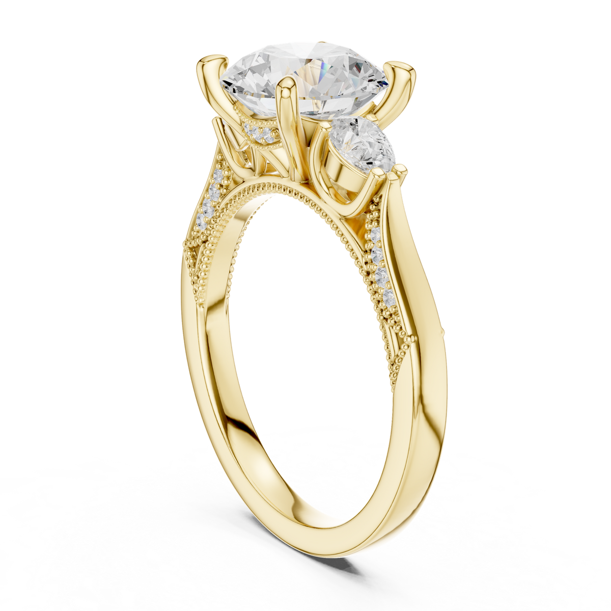14K Solid Gold Lab Diamond Three-Stone Ring, Yellow Gold, view 1