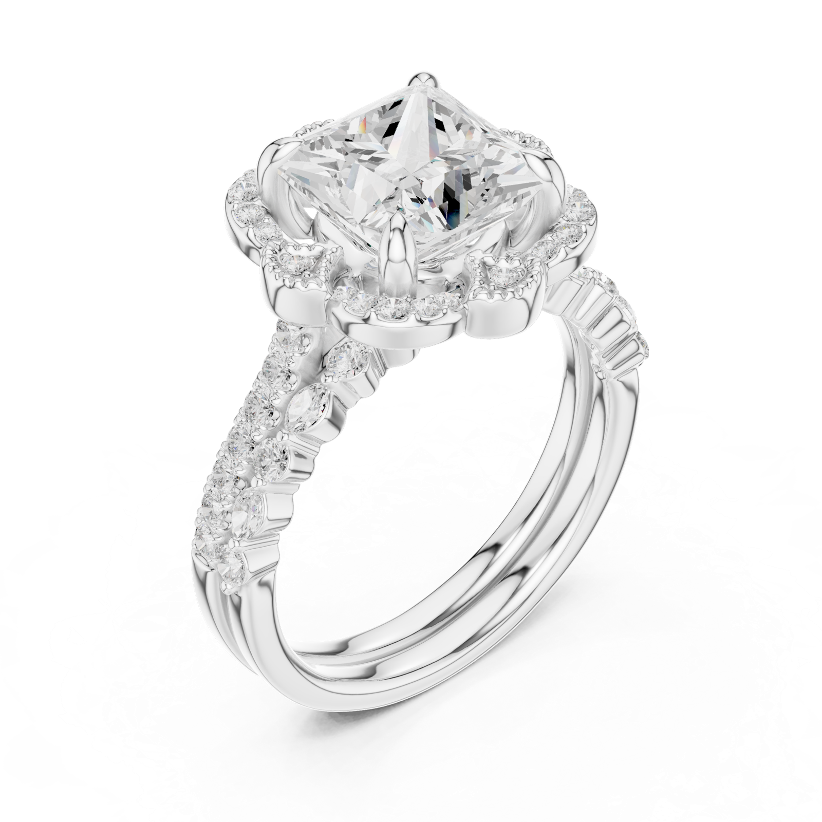 Gold Ring DDLR-442, Princess center stone, White Gold, view 2