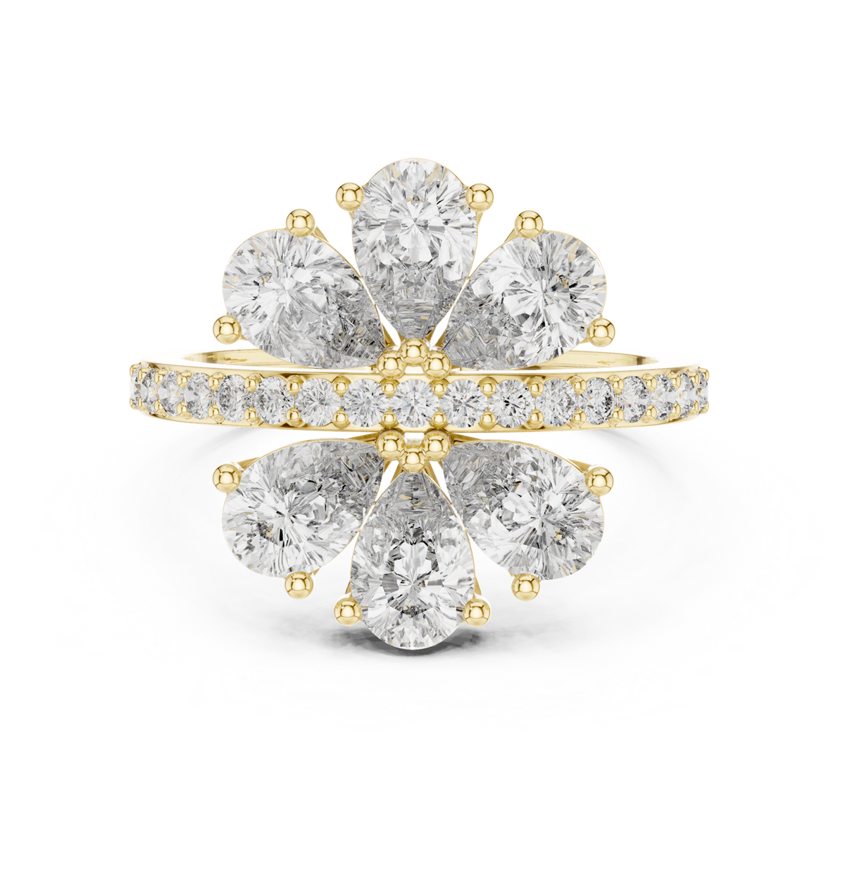14K Solid Gold Lab Diamond Clover Cluster Ring, Yellow Gold