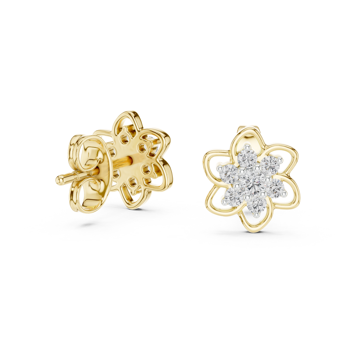 14K Solid Gold Lab Diamond Flower Cluster Earrings, Yellow Gold, view 1