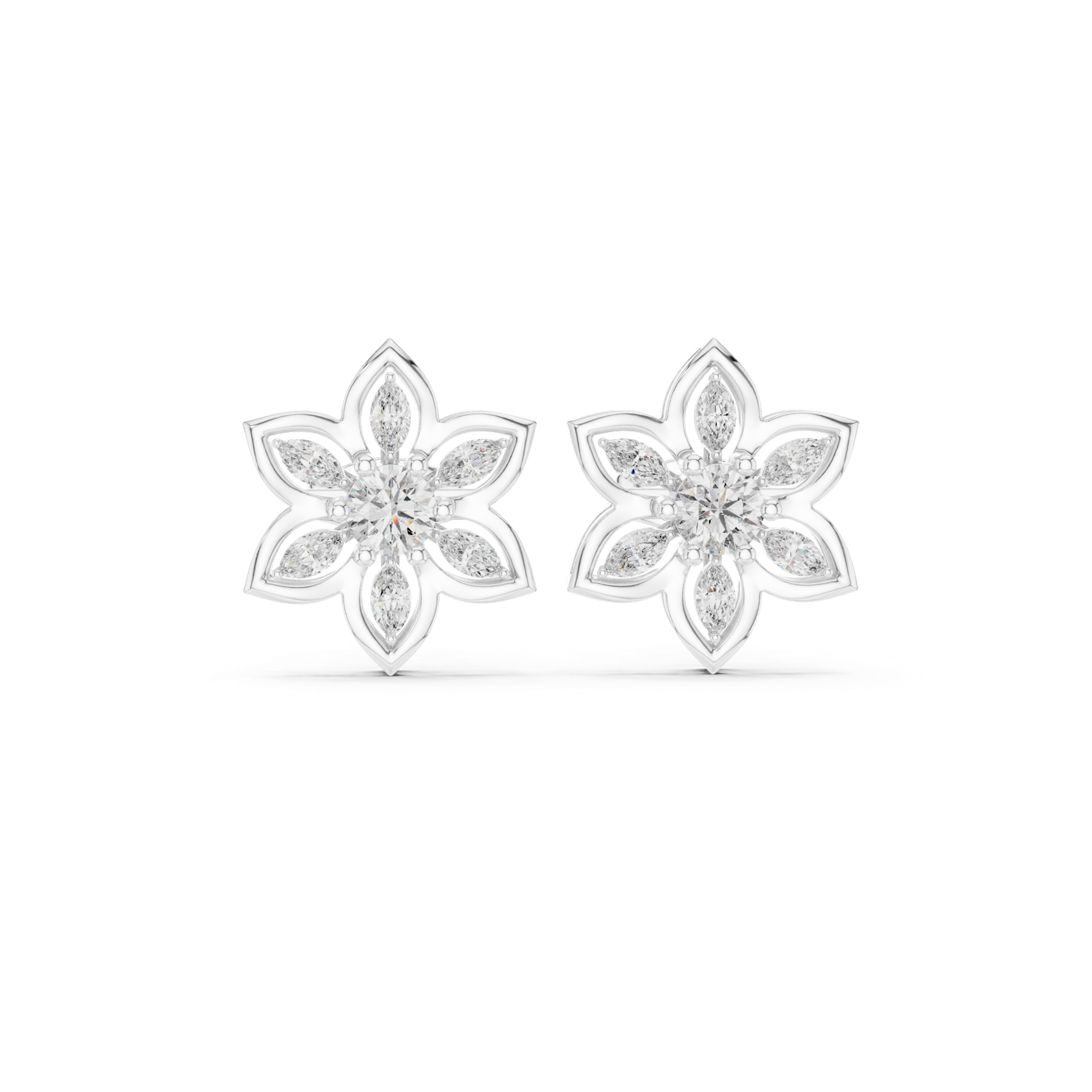 14K Solid Gold Lab Diamond Flower Cluster Earrings, White Gold