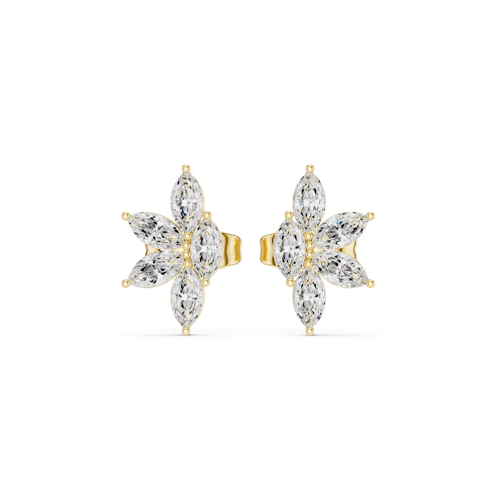 14K Solid Gold Lab Diamond Flower Cluster Earrings, Yellow Gold