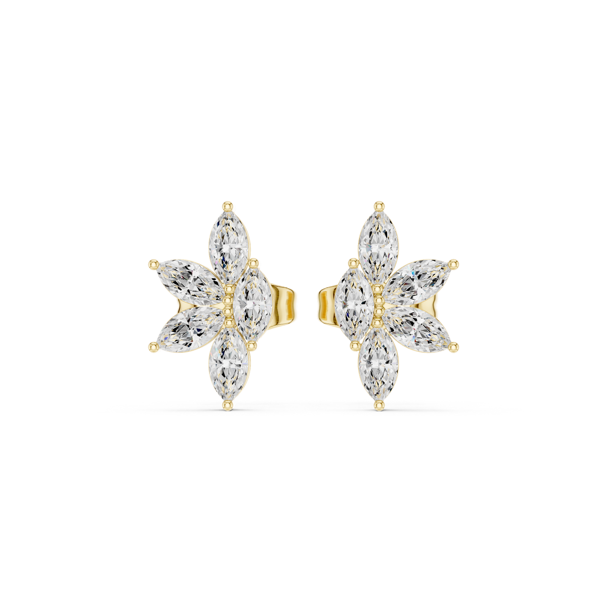 14K Solid Gold Lab Diamond Flower Cluster Earrings, Yellow Gold