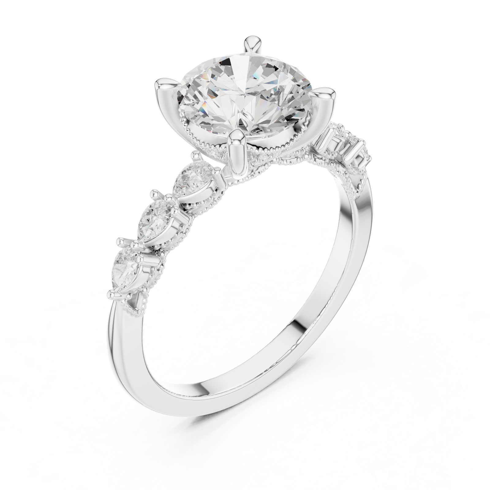 Gold Ring DDLR-168, Round center stone, White Gold, view 2