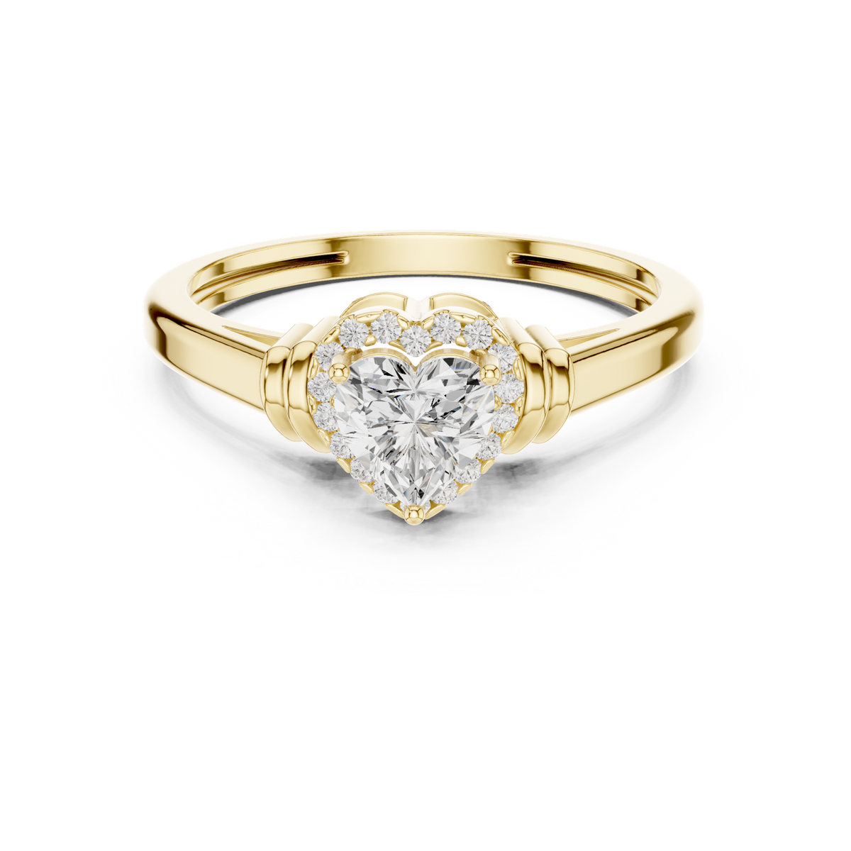 14K Solid Gold Lab Diamond Heart Halo Ring, Yellow Gold