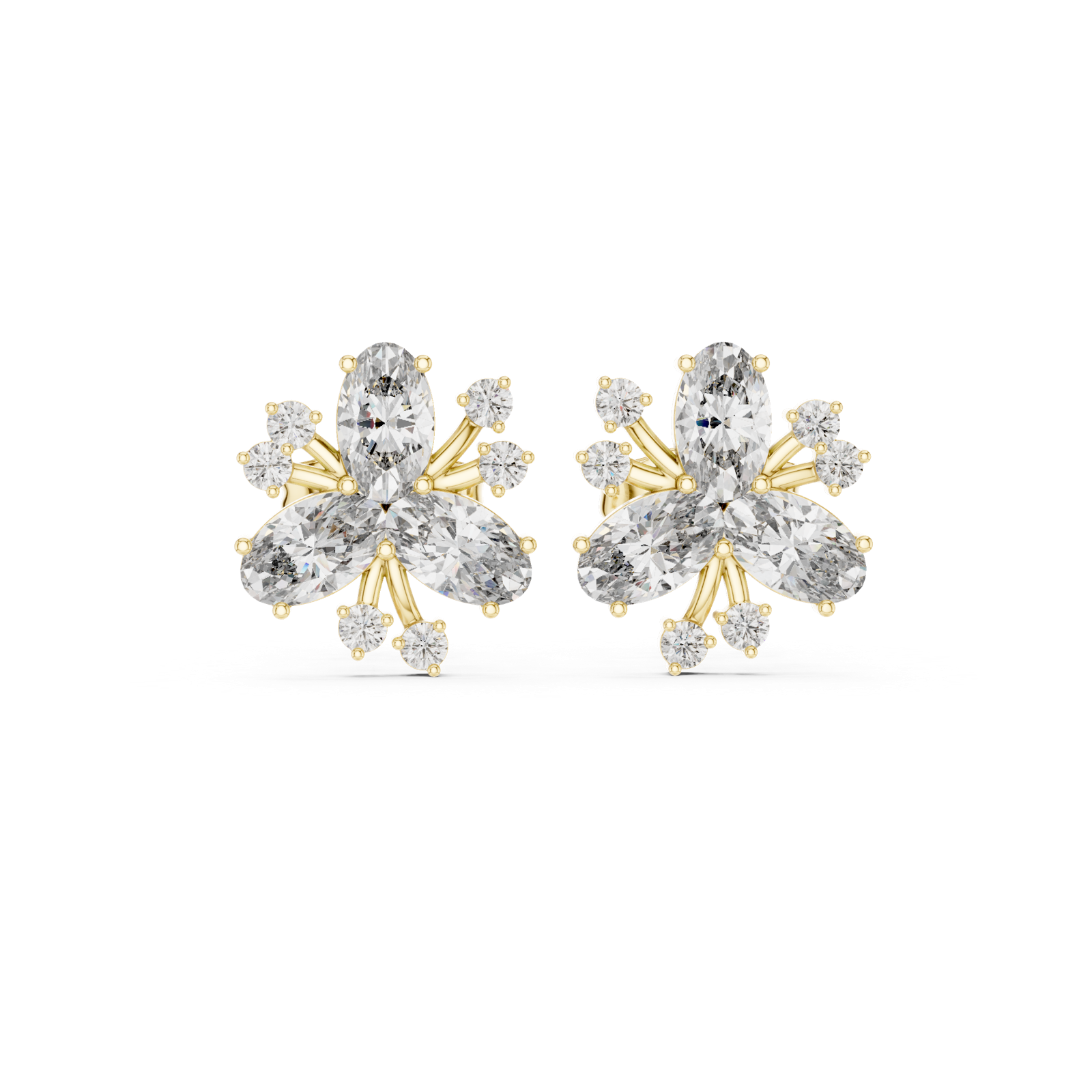 14K Solid Gold Lab Diamond Flower Cluster Earrings, Yellow Gold