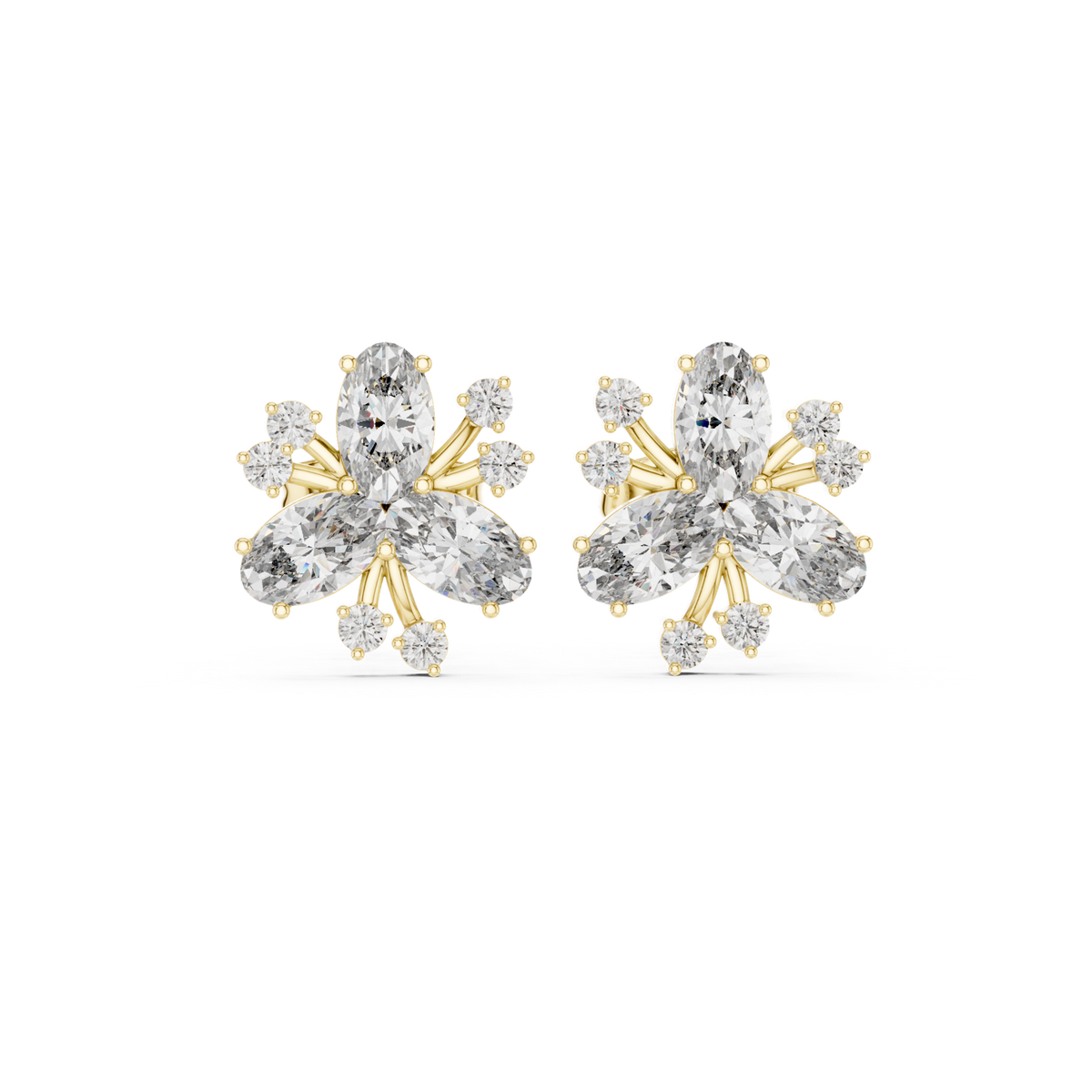 14K Solid Gold Lab Diamond Flower Cluster Earrings, Yellow Gold
