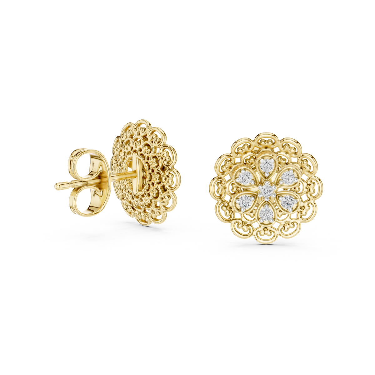 14K Solid Gold Lab Diamond Flower Cluster Earrings, Yellow Gold, view 1