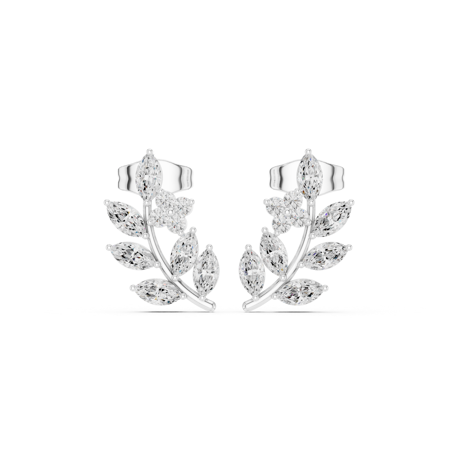 14K Solid Gold Lab Diamond Leaf Huggie Earrings, White Gold